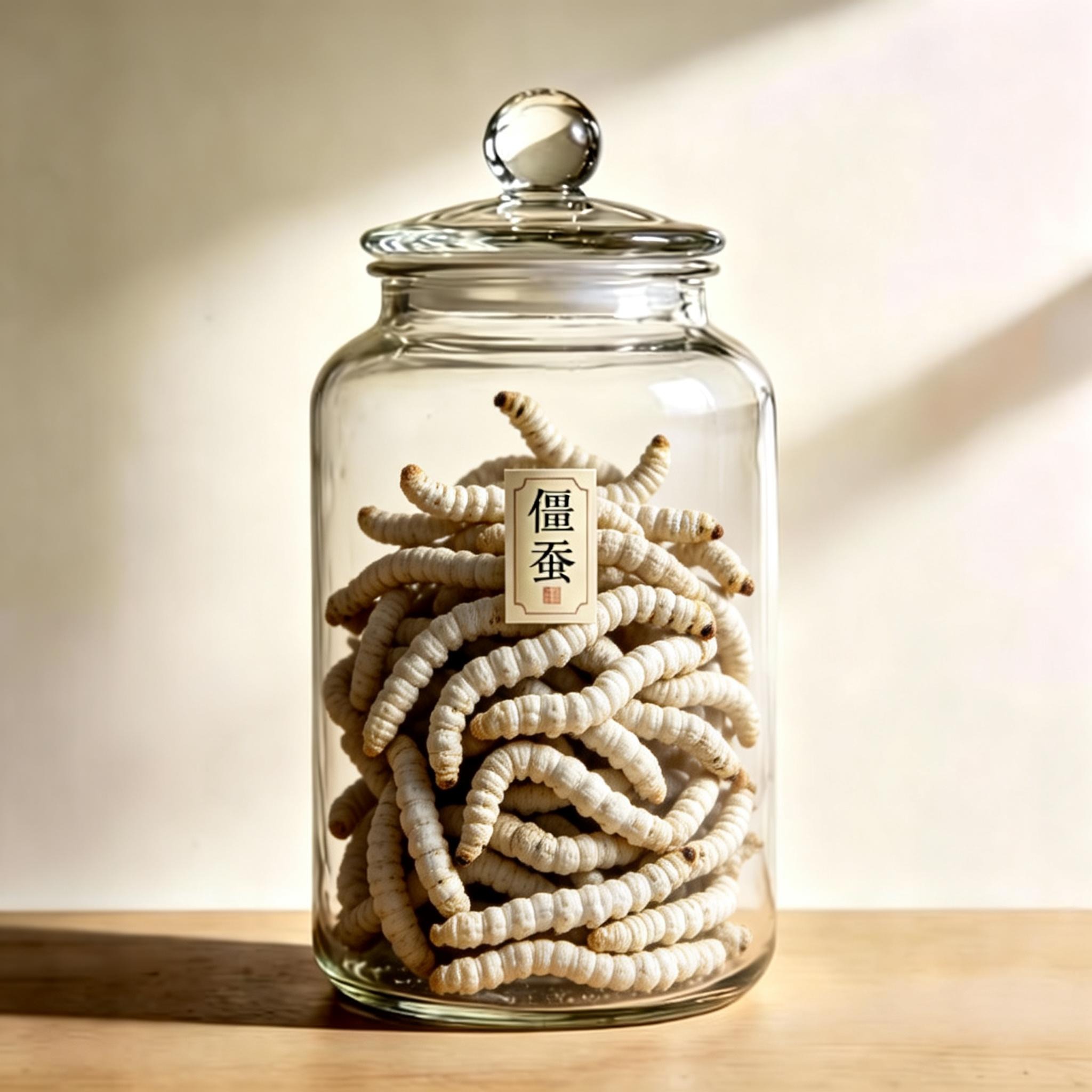 Larva of a Silkworm with Batrytis herbal material